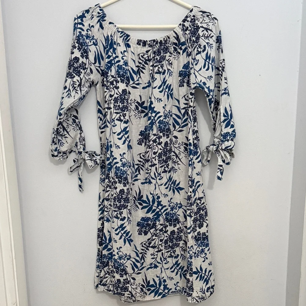 Off-Shoulder Linen Blue Floral Midi Dress with Tie Sleeves Summer Resortwear - Picture 1 of 8